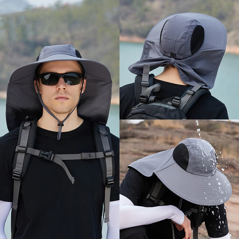 

Unisex Outdoor Wide Brim Fisherman Hats Summer Mesh Breathable Sun Protection Shawl Bucket Hat Climbing Fishing Neck Guard Caps
