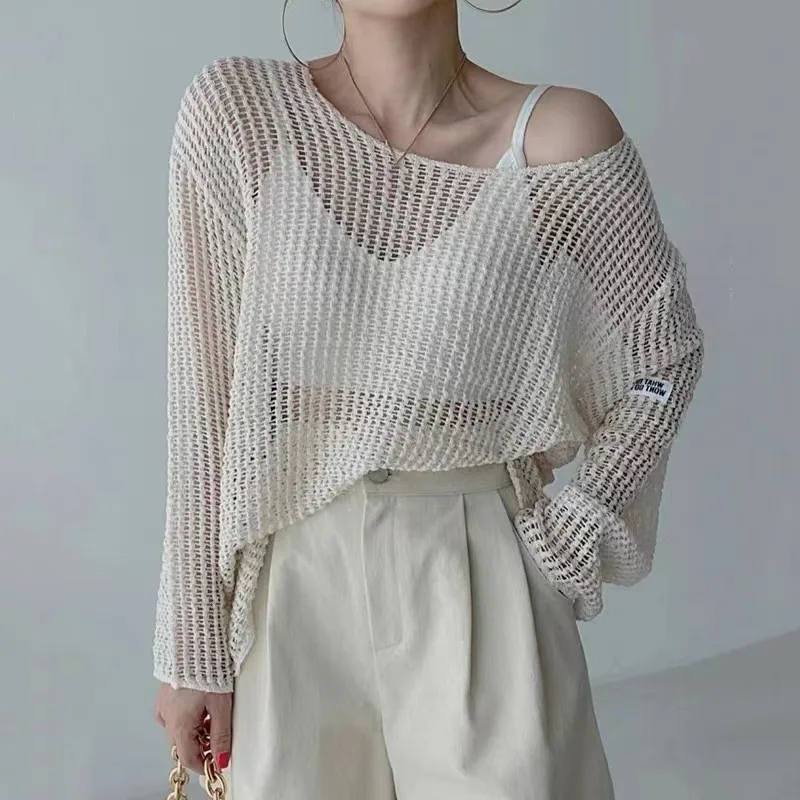 Korean Fashion Hollow See Through Sunscreen Knit Covers UpRound Neck Loose Casual Women Blouse Long Sleeve Simple Thin Shirts