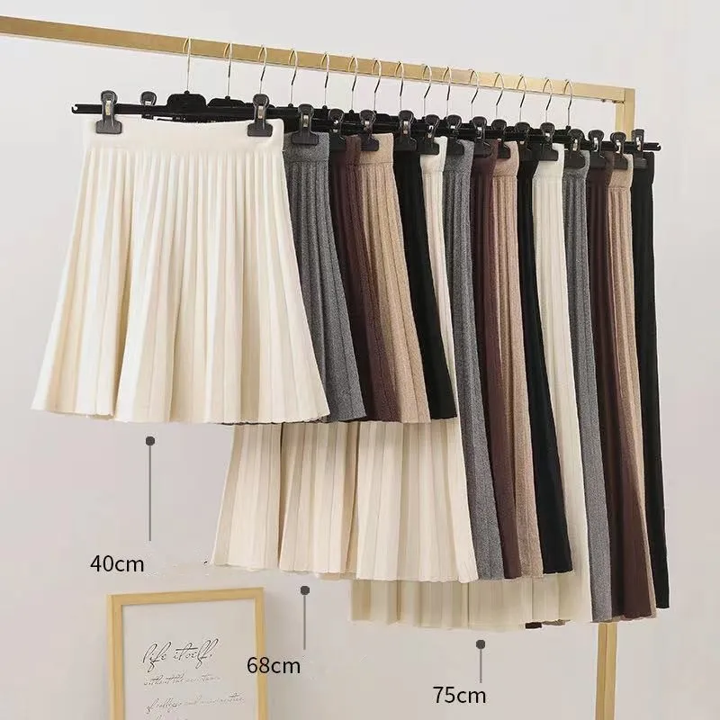

Autumn winter New Knitted Mid long length Skirt for Women with High Waist Temperament Pleated Woolen skirt