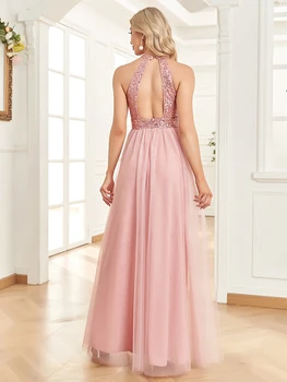 فستان سهرة أنيق ترتر للنساء 2025 عميق على شكل حرف v تول حفلة موسيقية حفل زفاف وردي طول الأرض فساتين كوكتيل 5