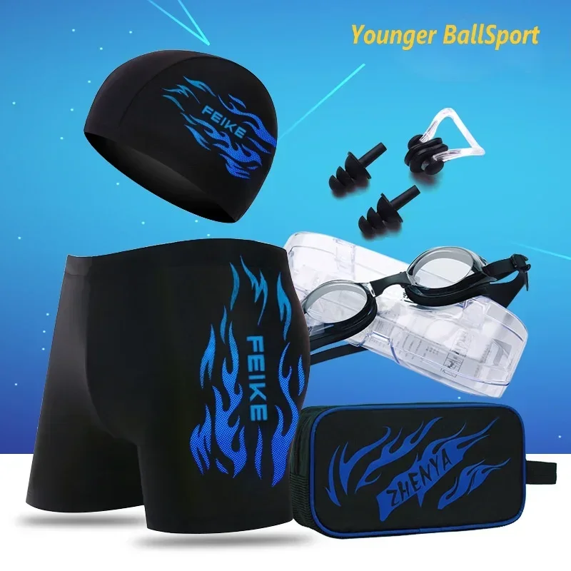 Myopia swimming goggles men\'s boxer plus size fashion hot spring swimming trunks men swimwear swimming goggles swimming cap set