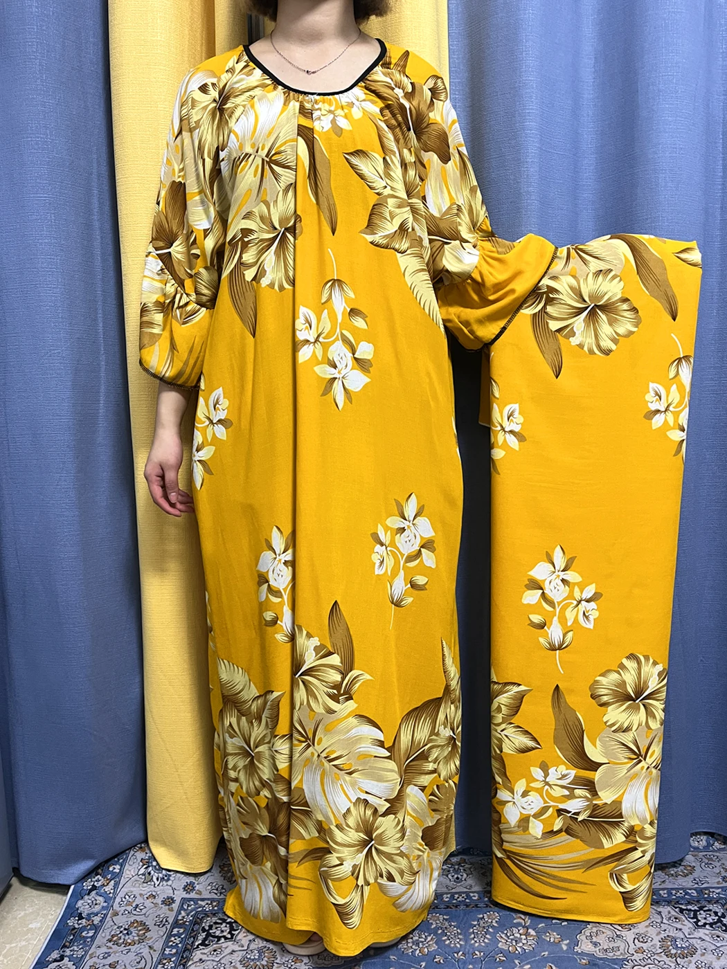 Abayas For Women 2023 Muslim Islam Printed Flower Cotton O-neck Jilbab Short Sleeves African Dresses Femme Robe With Big Scarf