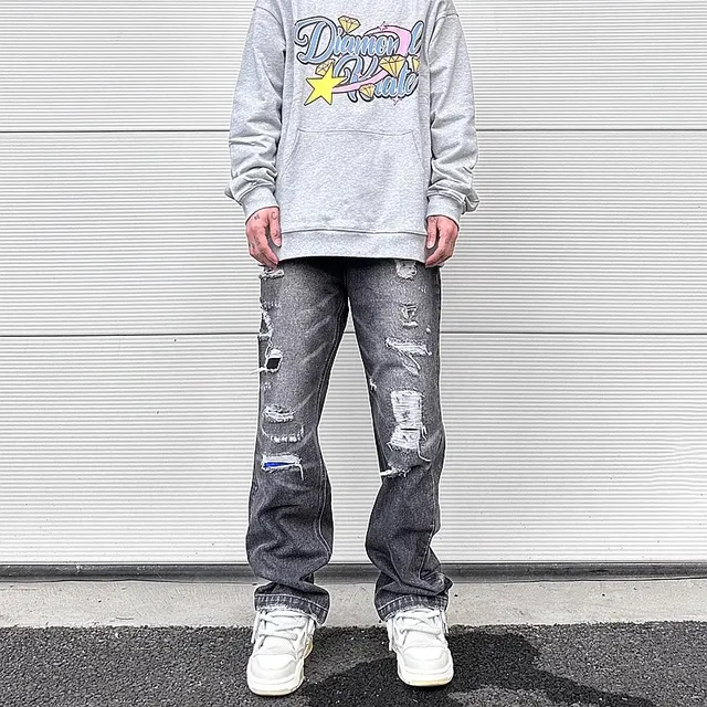 Y2K Frayed Hole Damaged Washed Black Baggy Jeans for Men 