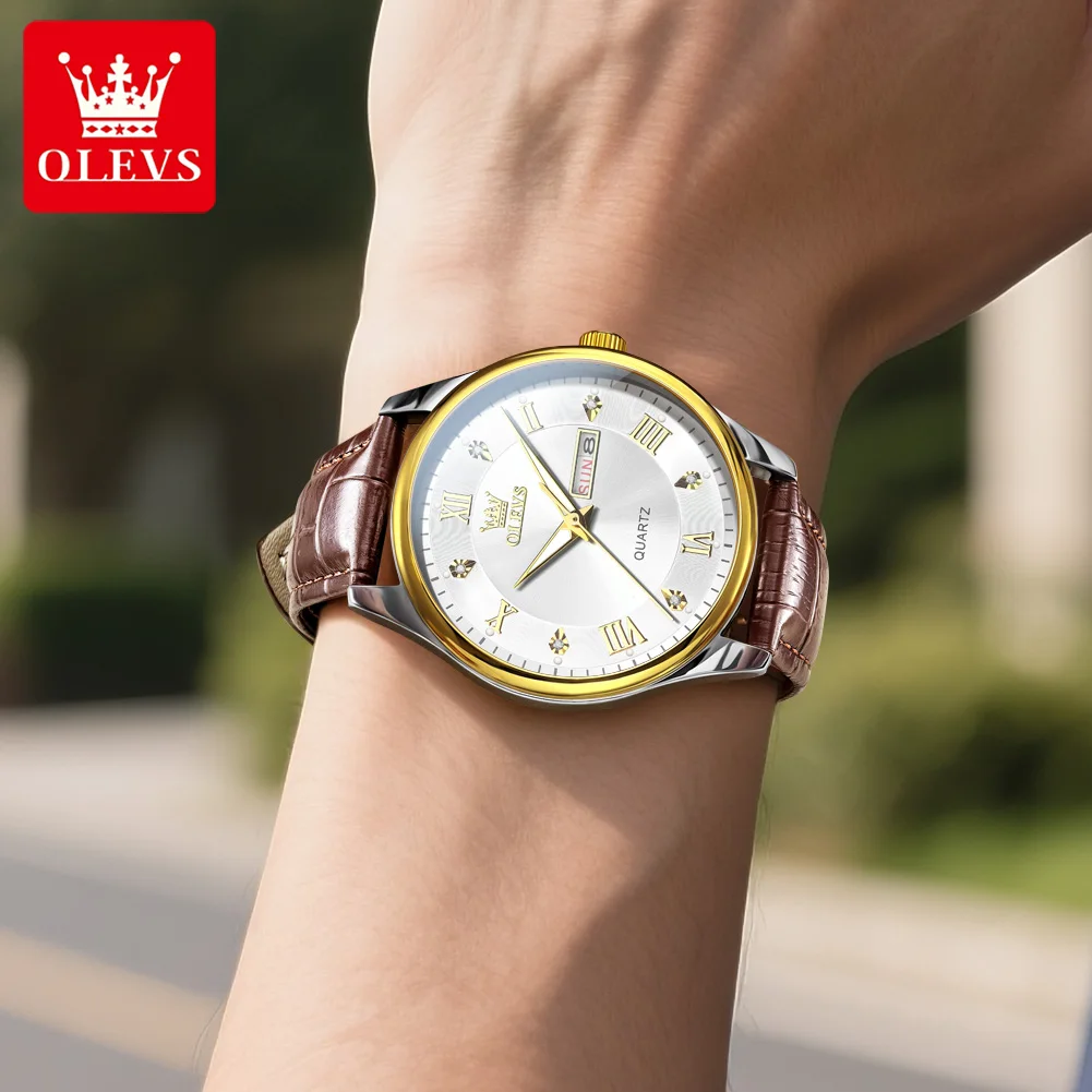 100% الأصلي OLEVS 3649 ساعة كوارتز للرجل حزام جلدي...
