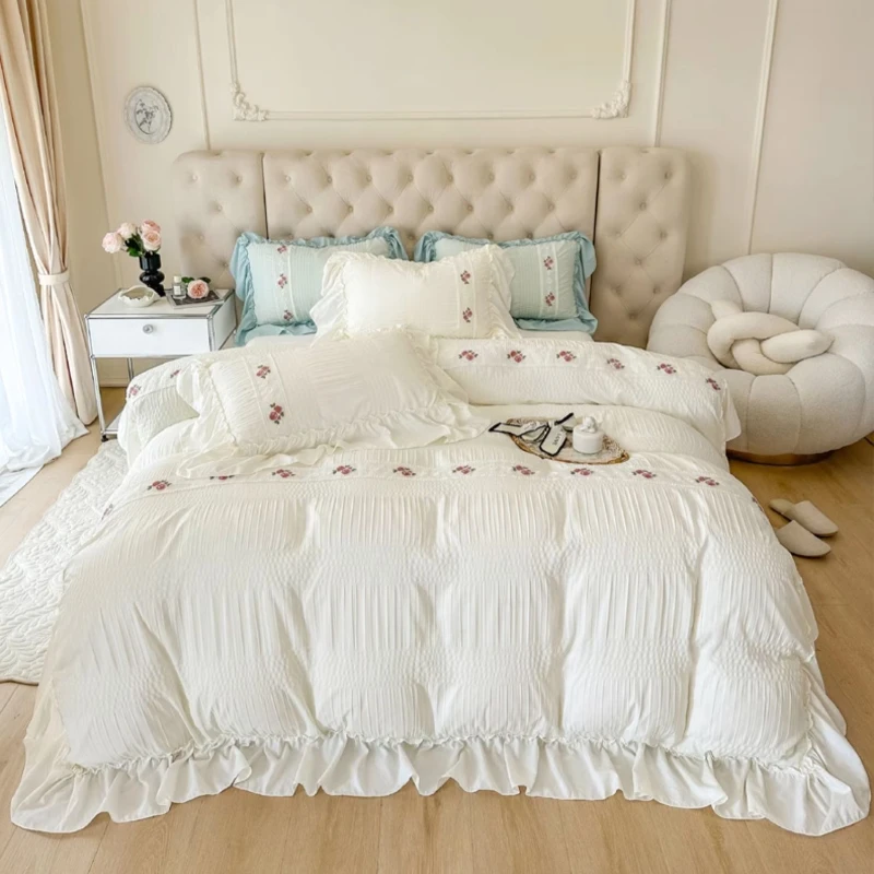 

Four-Piece Cotton Summer Seersucker Washed Bedding Girl's Heart Sheet Quilt Cover Plant Flower Embroidery Four Seasons Universal