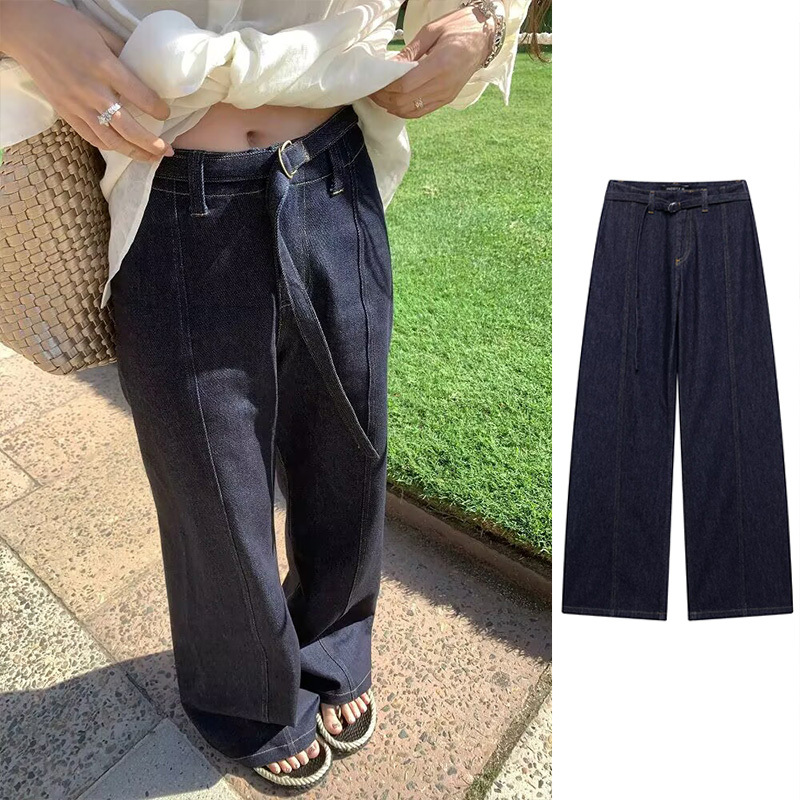TRAFZA 2025 Women Denim Trousers Solid With Belt Fashion Female Versatile With Gold Thread Zipper Loose Long Jeans High Street