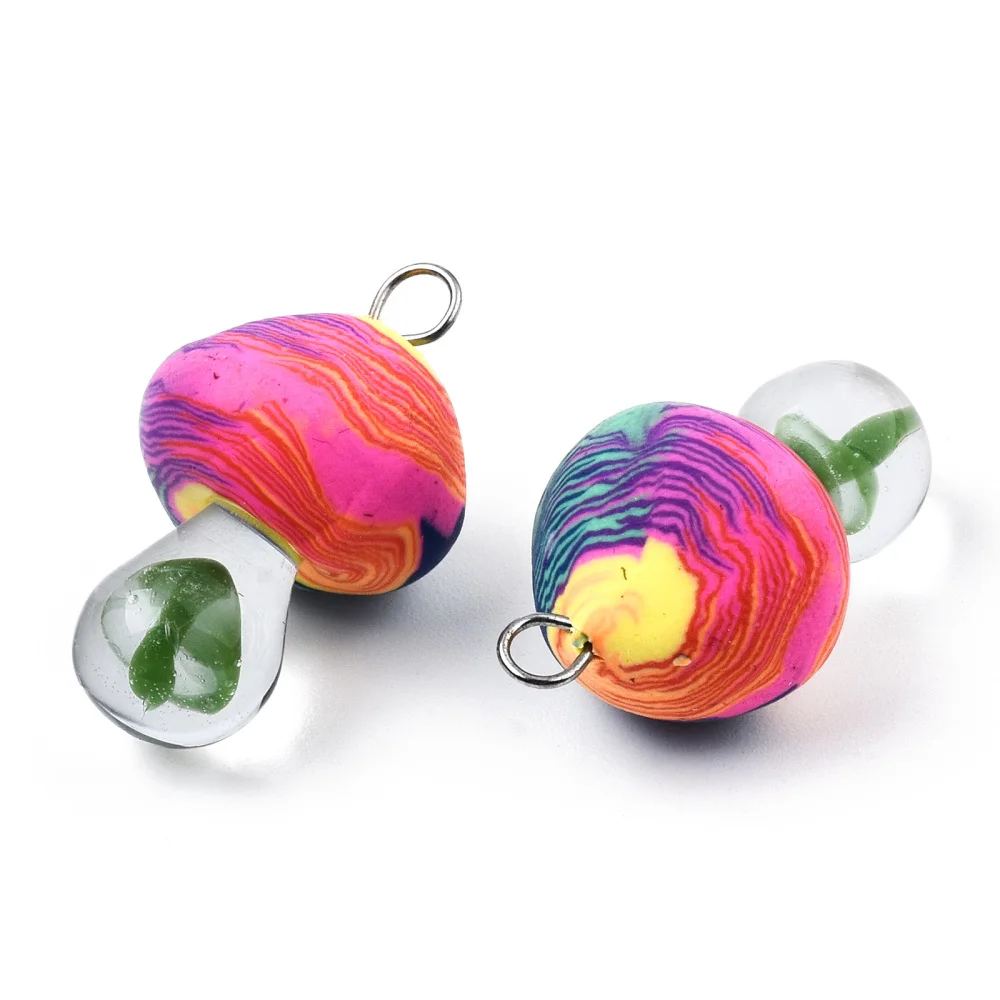 50Pcs Colorful Mushroom Polymer Clay Pendants with Mushroom Lampwork Pendant Charms for Women Necklace Jewelry Making DIY Supply