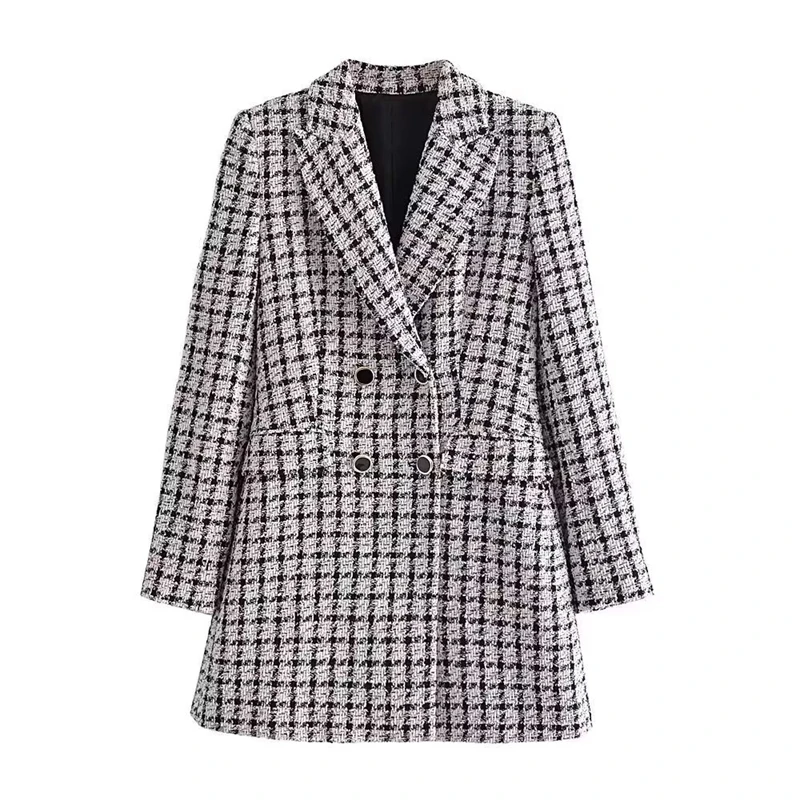 

Autumn New StyleLlapel Long-sleeved Waist Slim Plaid Suit Jacket, Double-breasted Temperament All-match Top Women's