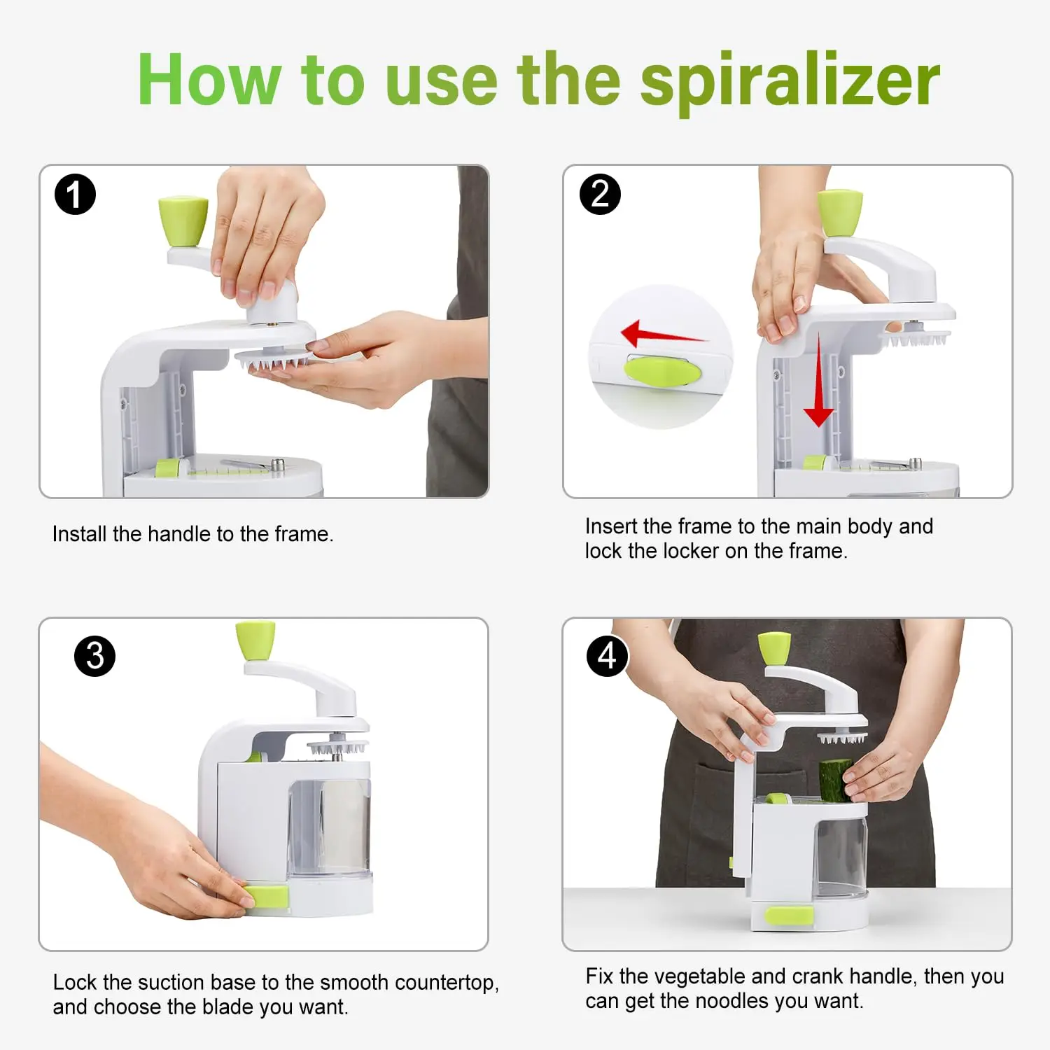 Spiralizer Vegetable Slicer 4 in 1 Rotating Blades Heavy Duty Veggie Spiralizer with Strong Suction Cup, Zucchini Spiral Noodle