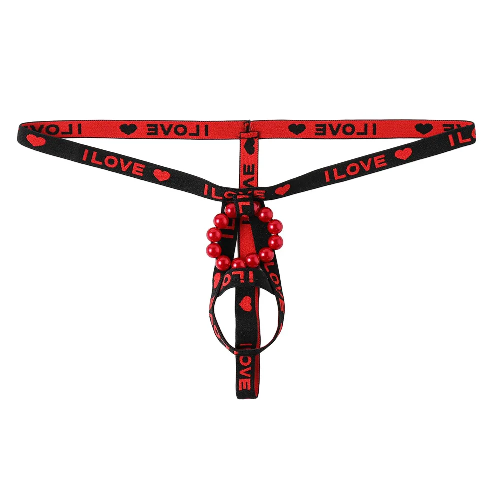 

Mens Letter Printed Thong Panties Sexy Pearl O-ring T Back Underpants Open Butt Erotic Lingerie Low Rise Temptation Underwear