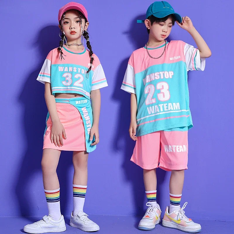 

Hip Hop Girls Contrast Crop Top Patchwork Skirts Boys T-shirt Street Dance Shorts Child Summer Streetwear Kids Jazz Clothes Sets