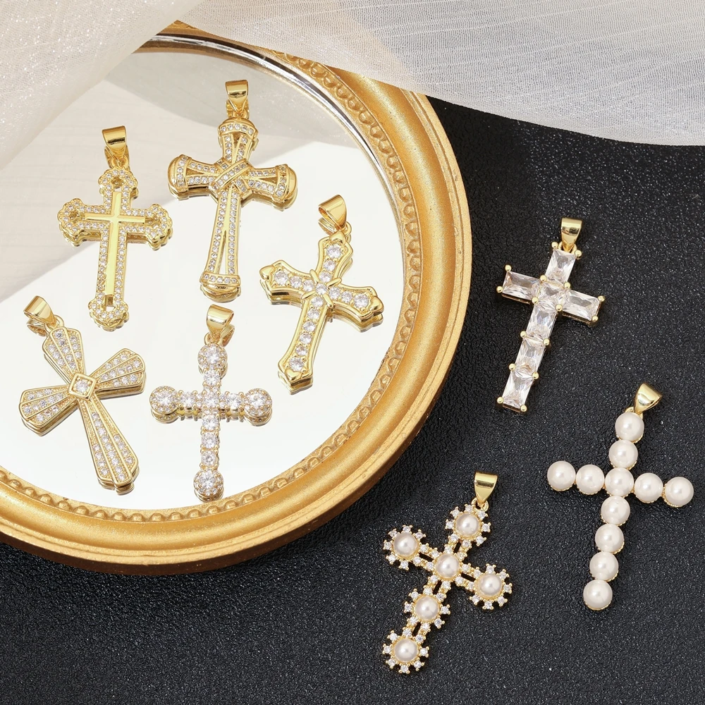 Juya DIY 18K 리얼 골드 도금 큐빅 지르코니아 카톨릭 기독교 십자가 DIY 종교 묵주 부적 보석 만들기위한 매력