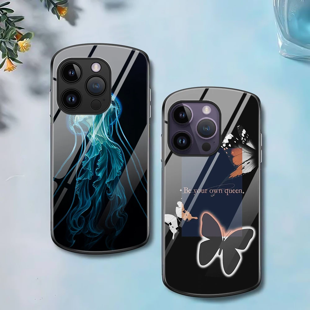 

Jellyfish Phone Case for iPhone 13 15 14 Pro Max Mini XR XSMax 7 8 Plus SE 12 11 Animal Oval Tempered Glass Protection Shell