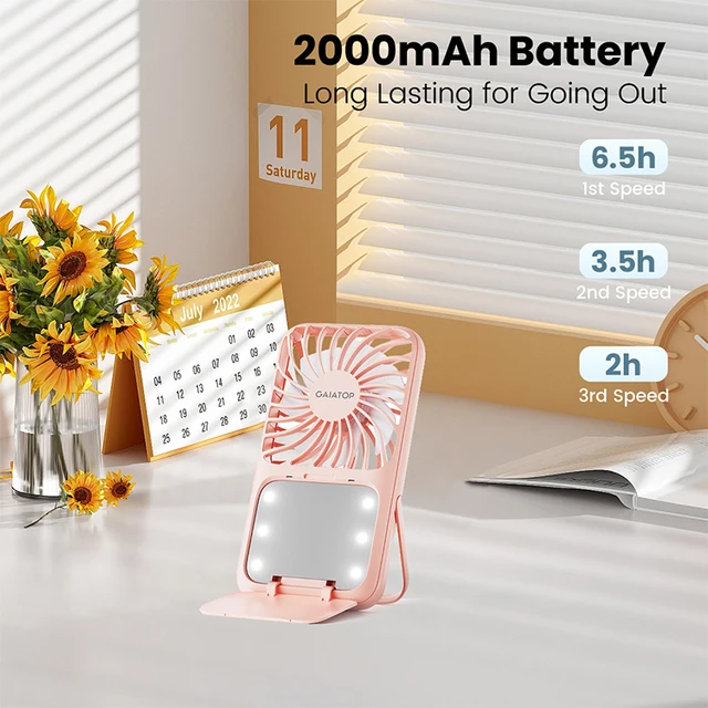 Handheld Mini Fan, 3 Speed Portable Lash Fan Makeup Mirror with LED Light, 2000mAh USB Rechargeable Personal Desk Fan with Stand 6