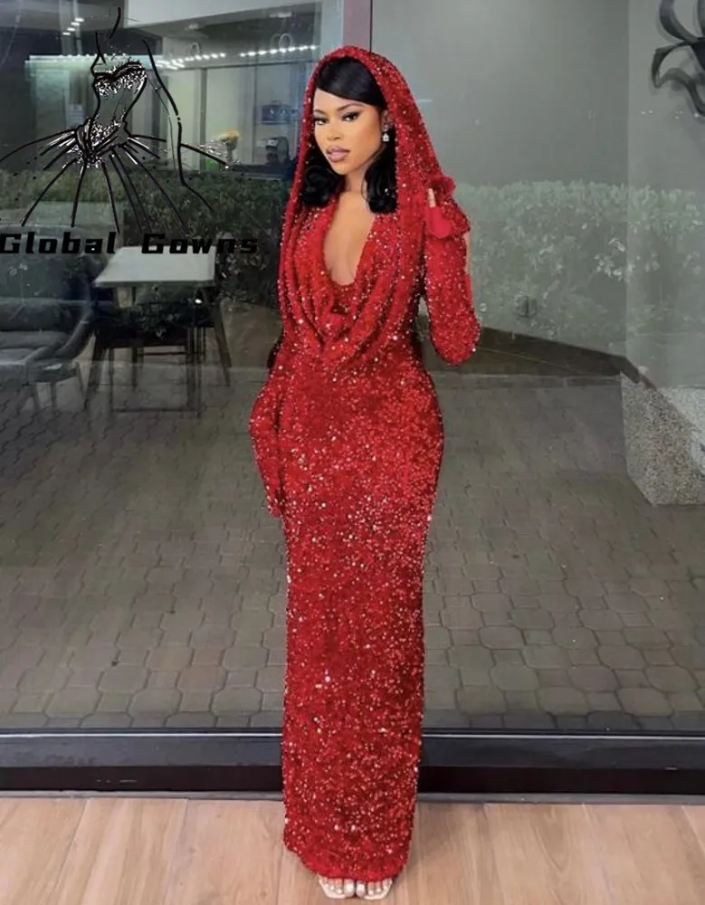 

Sparkly Red Sequined Evening Gown 2023 Sweetheart Birthday Party Dress Mermaid Long Prom Dresses Full Sleeve Vestido Elegante