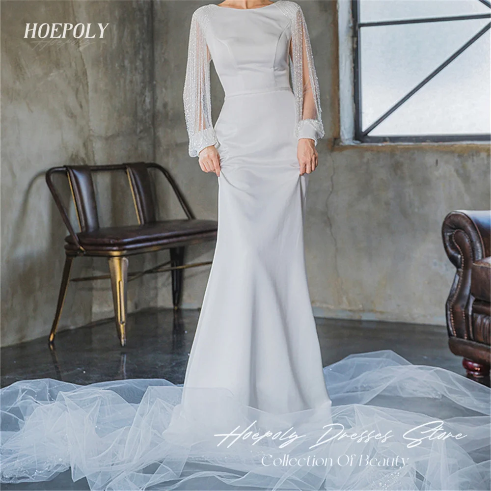 

Hoepoly Luxury Sequined Pleat O Neck Full Sleeve Mermaid Long Evening Dress Floor Length Sweep Train Classy Prom Gown New