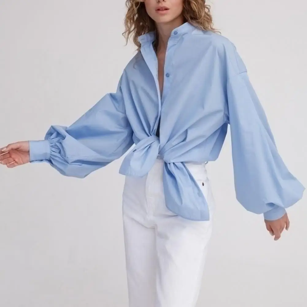 

Long-sleeved Shirt Tops Stylish Women's Workwear Stand Collar Lantern Sleeve Shirts for Spring Autumn Loose Fit Single Breasted