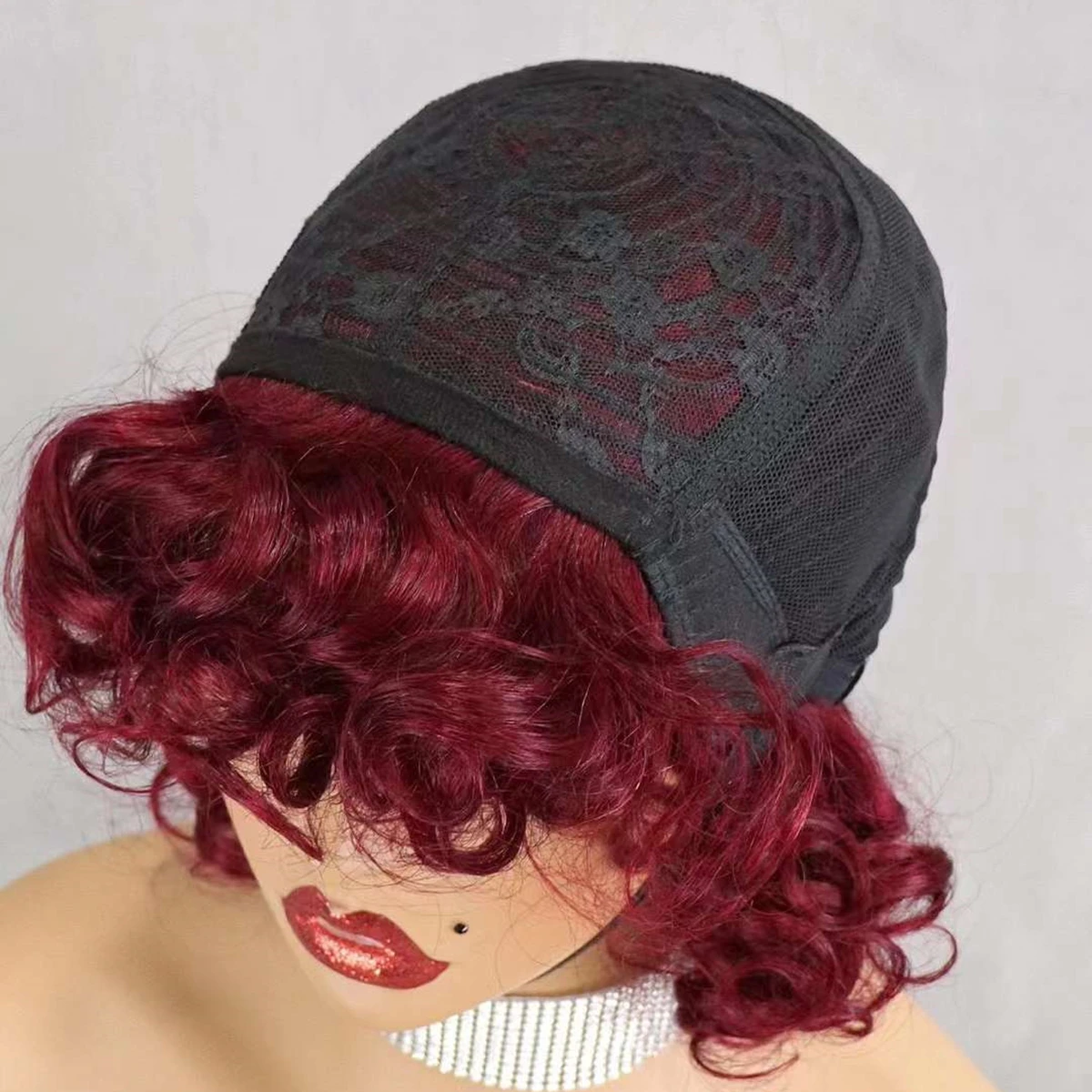 Human hair wigs 200% Density 99J# Burgundy Bouncy Curly Human Hair Wigs with Bangs Short Machine Made Loose Curly Bob Wigs PrePlucked for Women