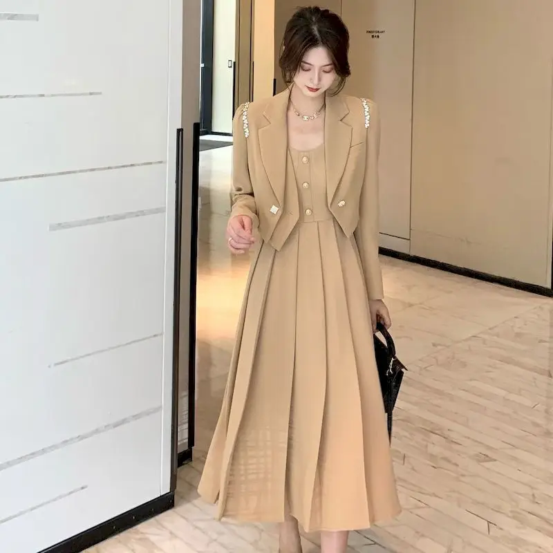 

Women Elegant 2 Piece Dress Suit For Office Oversized Spring Autumn Sets Fashion Suit Jacket Waist Sling Dress Two-piece Suits