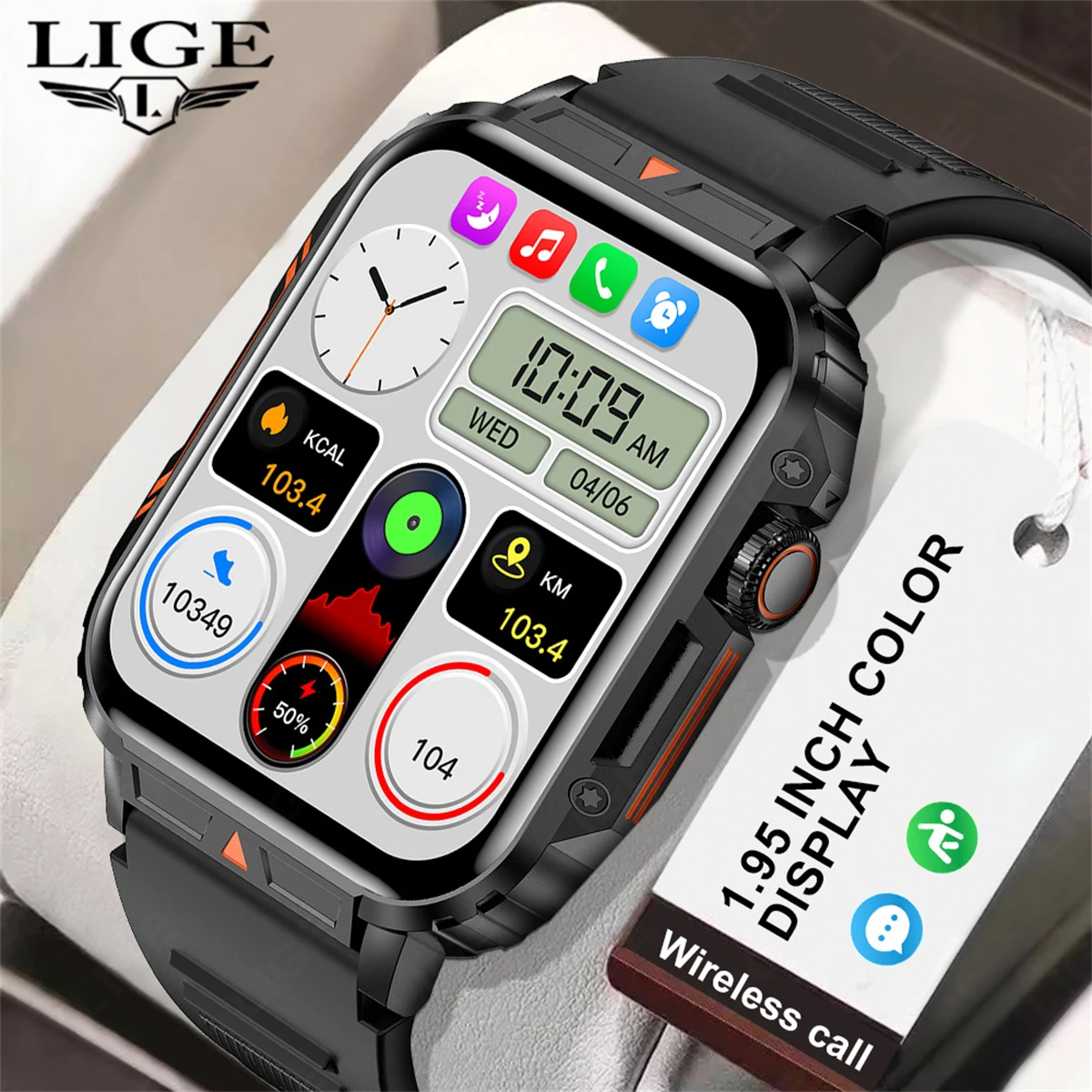 LIGE Outdoor Smartwatch 1.95 Inch Screen Health Monitoring Watches Men IP68 Waterproof Fitness Smart Watch For Men Women