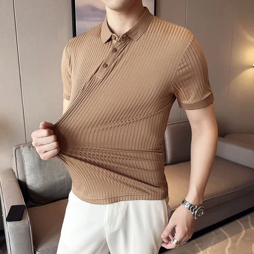 Tシャツ・カットソー YMC SS23 PJ SHIRT (P2UAN_BROWN) 2023 Summer Short Sleeve T-shirts Men Striped Casual Polo