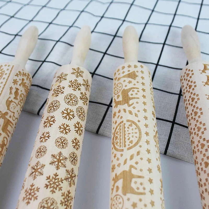 Description Picture 3 of itemChristmas Wooden Rolling Pins with 3D Engraved Christmas Snowflake Embossed Cookie Dough Kitchen Baking Tool Christmas Supplies