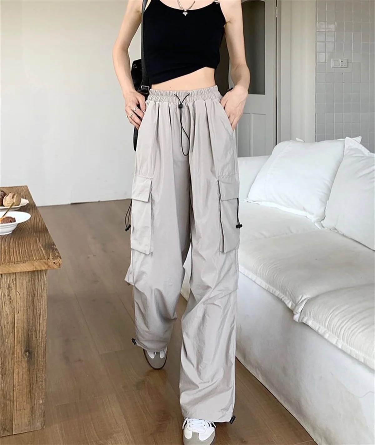 Schwarze Hip-Hop-Cargohose für Herren, lässig, Sommer, solide Hose mit mehreren Taschen, coole Bänder, Techwear, Hip-Hop-Jogginghose für Jungen – Detail 19
