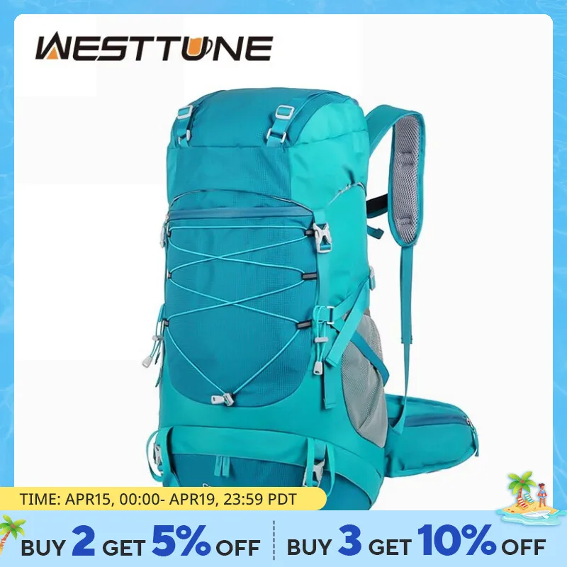 WESTTUNE 레인 커버가 있는 하이킹 배낭, 다기능 등산 가방, 여행 트레킹 캠핑용 야외 배낭, 50L