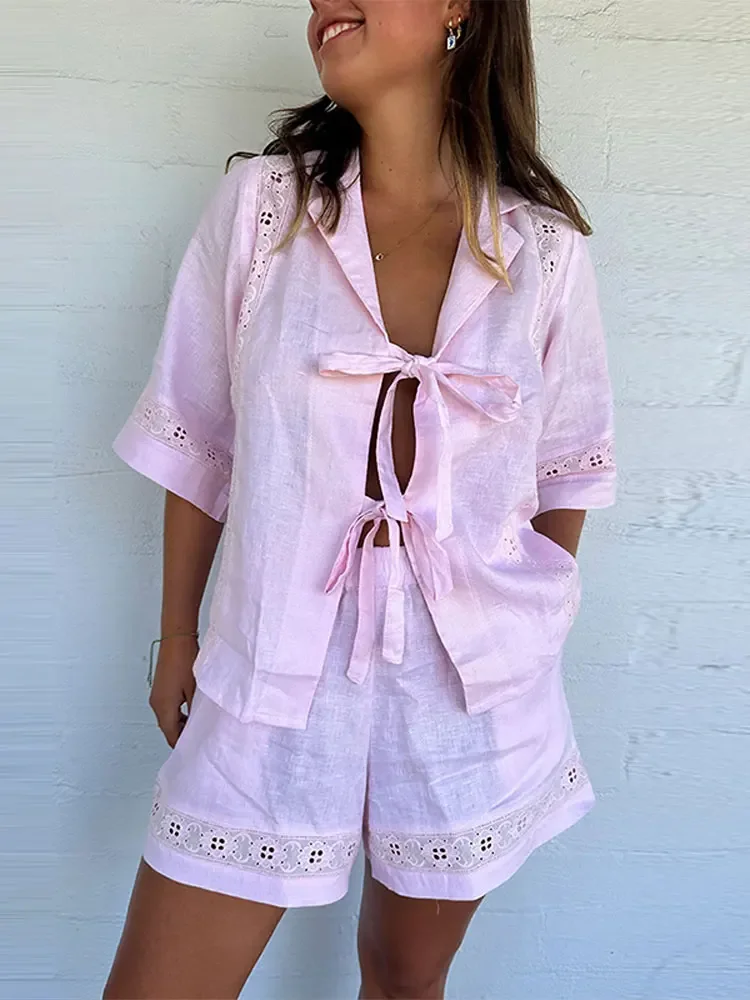 Solid Hollow Out Lace-up Short Sleeves Shirt Suits Women Causal Loose High Waist Shorts Sets 2024 Summer Lady Holiday Streetwear