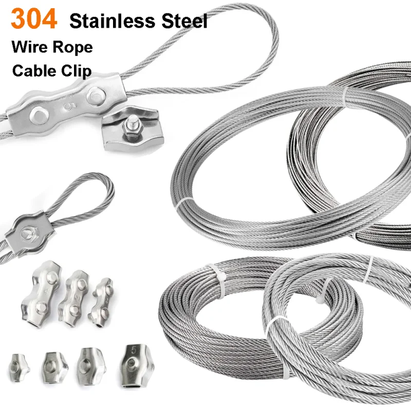304 Edelstahl-Flugzeugkabel 1,0-3,0mm 7x7 Strangkern mit Schnallen, Clips und Doppelhülsen für Outdoor-Aufhängungen/Wäscheleine – Detail 1