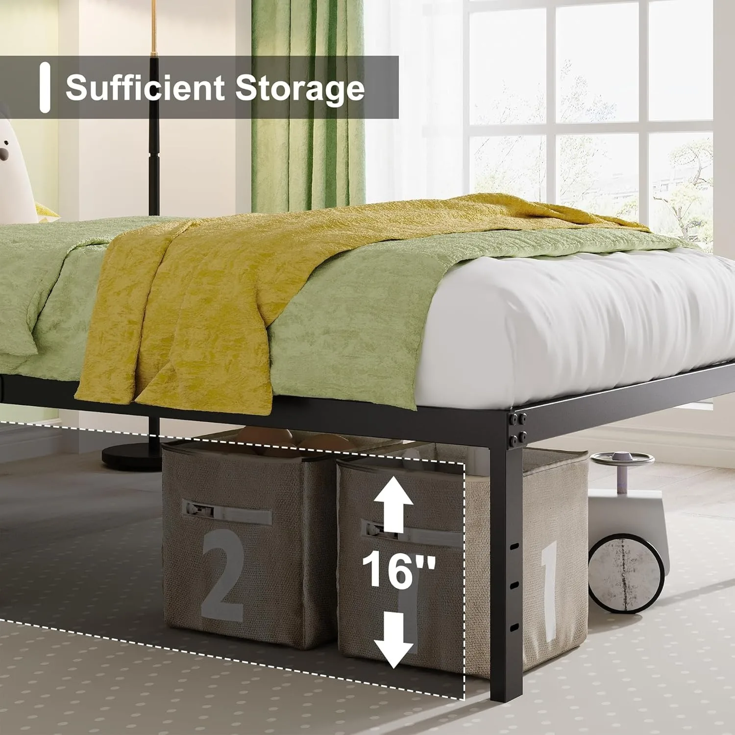 18 inch double bed frame without springs, heavy-duty high metal double bed frame, noise free, easy to assemble, black 4