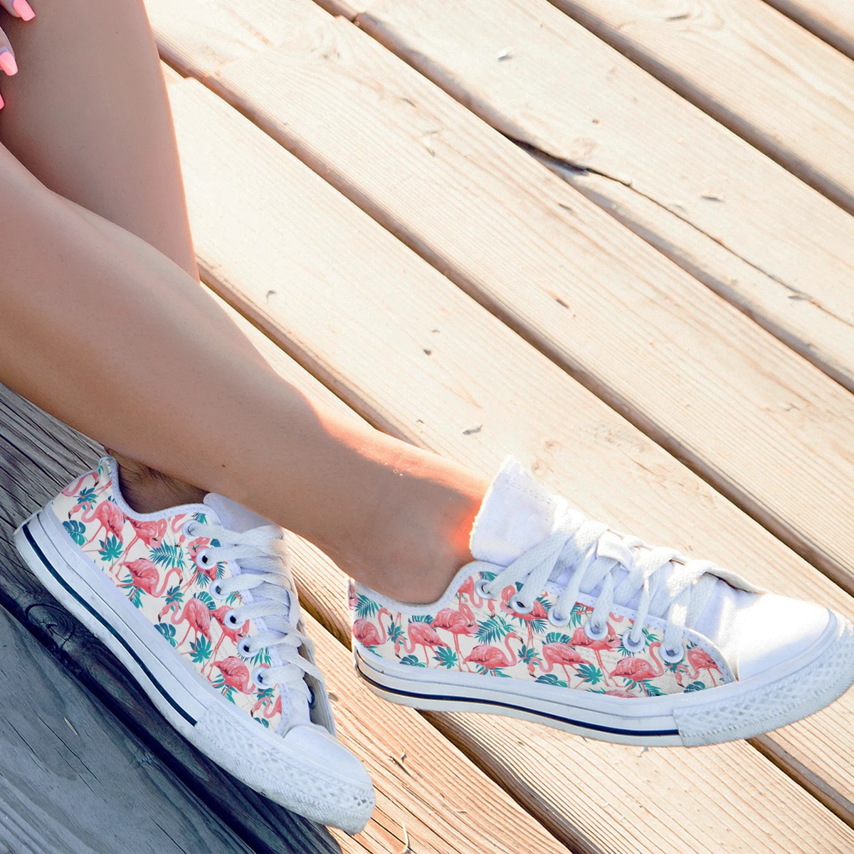 Women's Pink Flamingo Print Sports Shoes Canvas Shoes Lace Up Canvas Shoes White Blue Strappy Casual Shoes Flat Shoes