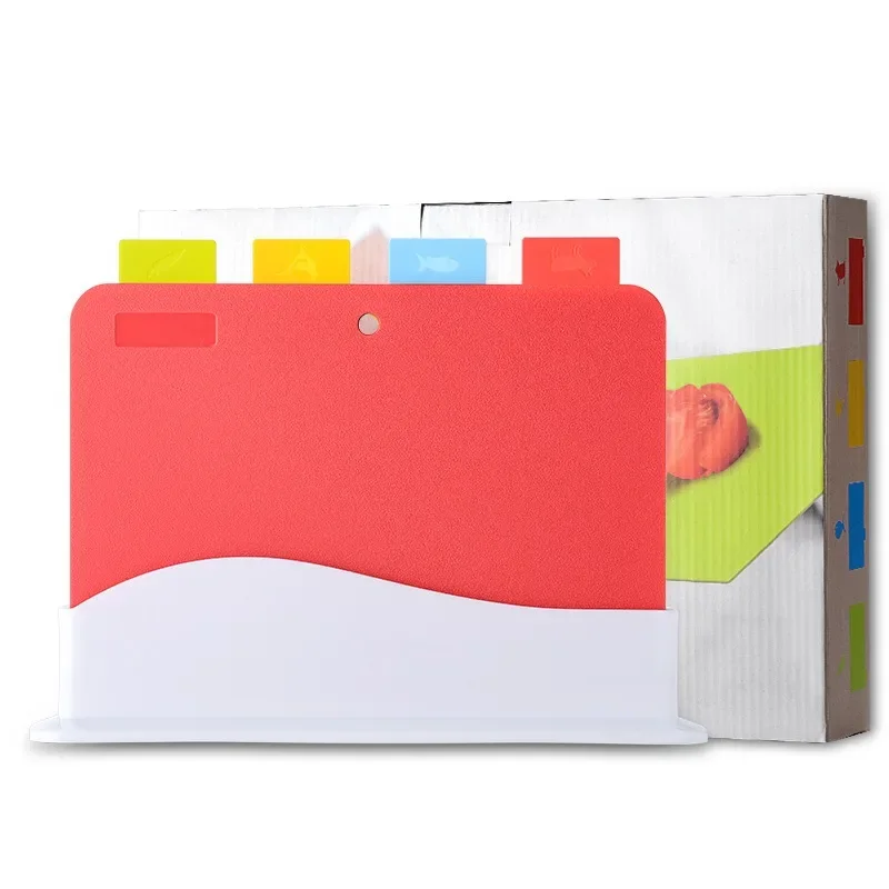 Set 4 Taglieri In Plastica PP Colorati Con Supporto: Antiscivolo, Per Carne, Pesce, Verdure, Cotto, Senza BPA, 33x22 Cm
