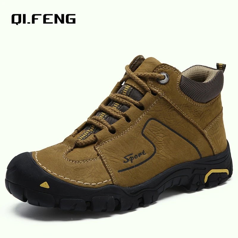 

New Genuine Leather Outdoor Anti Slip Mountaineering Sneaker Winter Plush Warm Footwear Four Seasons Hiking Casual Single Shoes