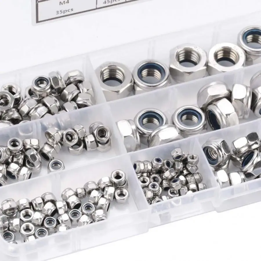 

170pcs Boxed Stainless Steel Anti Loosening Hexagonal Self-locking Nut 304 Nylon Lock Nut Automotive Clip Fastener M3M4M5