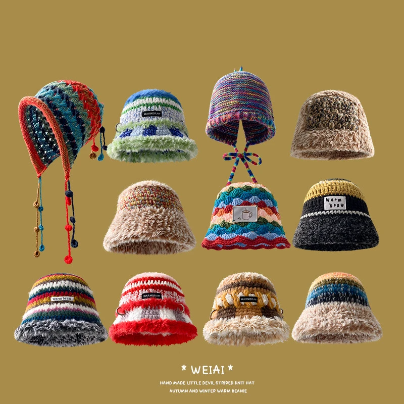 Autumn Acrylic Stripe Print Thicken Knitted Hat Warm Cap Beanie Hat For Girl and Women Versatile Retro Cotton Fisherman