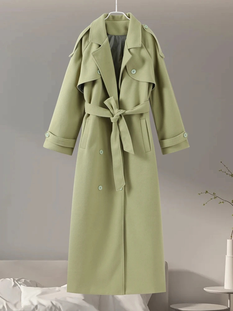 Casual Long Women Coat Urban Full Sleeve Double Breasted Belt Pocket Female Jacket 2024 Autumn Winter Elegant Lady Overcoat 6