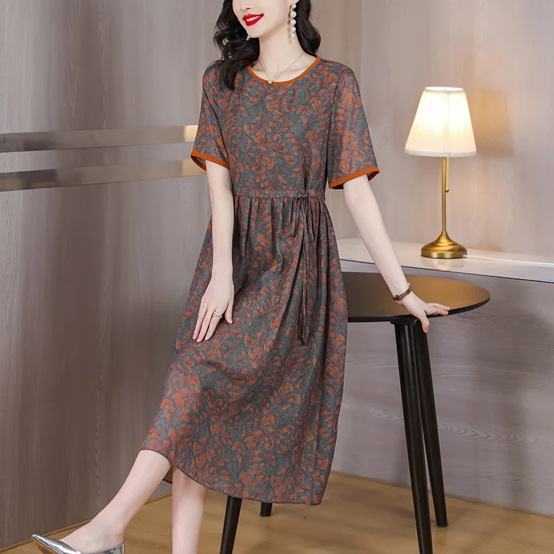 

Spring/Summer 2023 New Silk Short Sleeve Dress Women's Large Loose Waist Slim Fashionable Flower Print Silk Knee Length Skirt