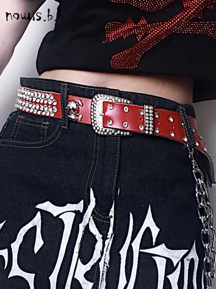 

NOWISBB Punk Rhinestones Belt Y2K Studded Belt for Women Men Fashion Cowgirl Cowboy Diamond Western Bling Bling Ceinture Femme