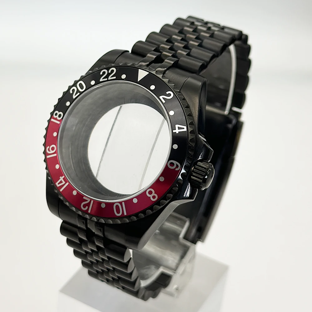 Sleek Black Watch Case with Carbon Fiber Bezel and Sapphire Mirror