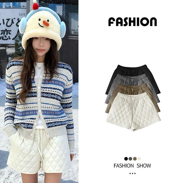 LanCharm 2025 Autumn Winter Korean High-Waisted Warm Women's Casual Pants Diamond-Patterned Thickened Slimming Boots Shorts