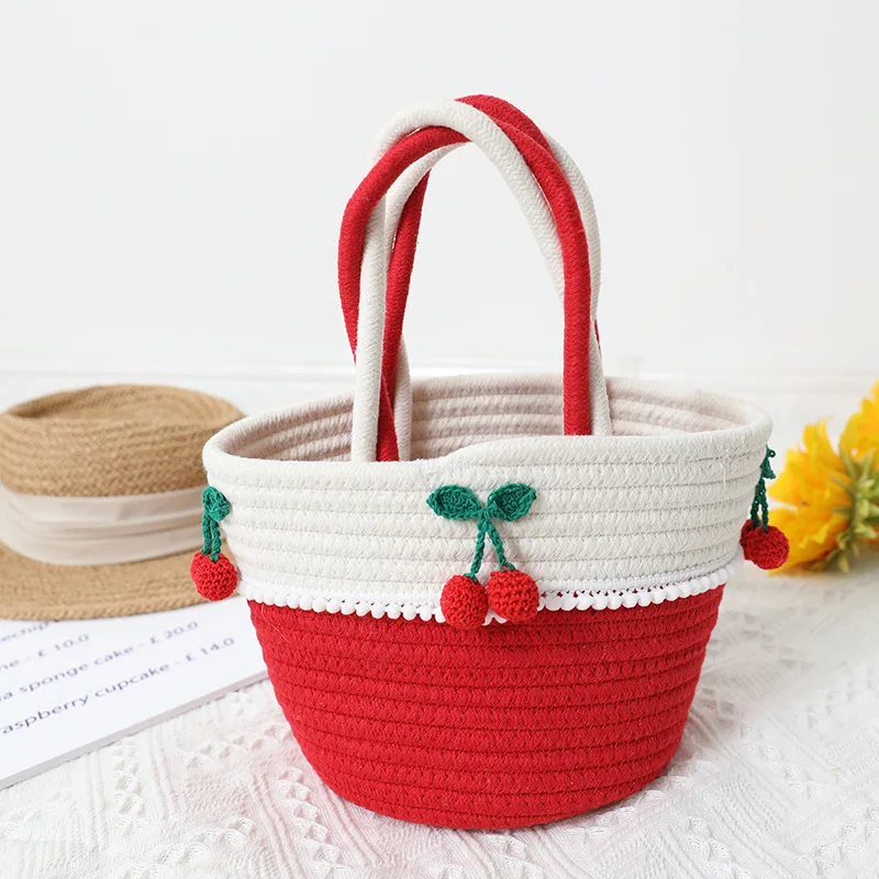 

New Cute Cotton Thread Bucket Handbag Red Cherry Woven Basket Bag Female Seaside Holiday Beach Handmade Straw Bag Totes