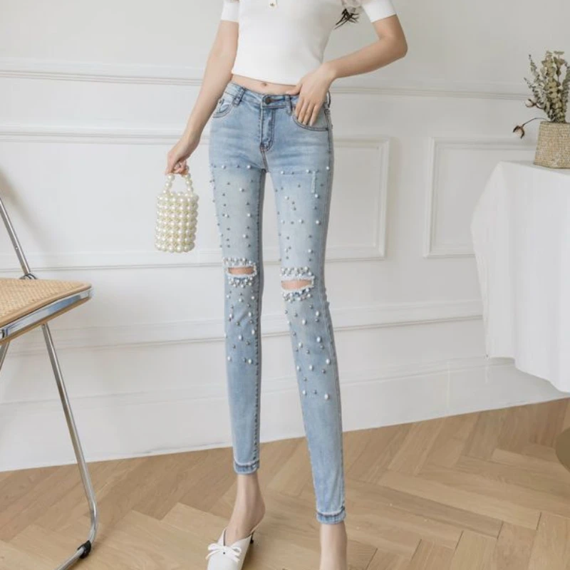 

Female Denim Pants High Waist Shot Skinny Ripped Pencil Trousers Pearl Women's Jeans Torn with Holes Slim Fit Original Emo Cheap