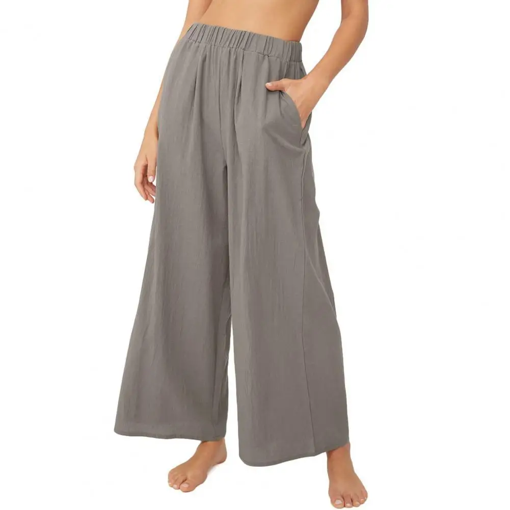 

Summer Pants Wide Leg Elastic Waist Women Pants Solid Color Pockets Soft Breathable High Waist Women Trousers Female Clothes