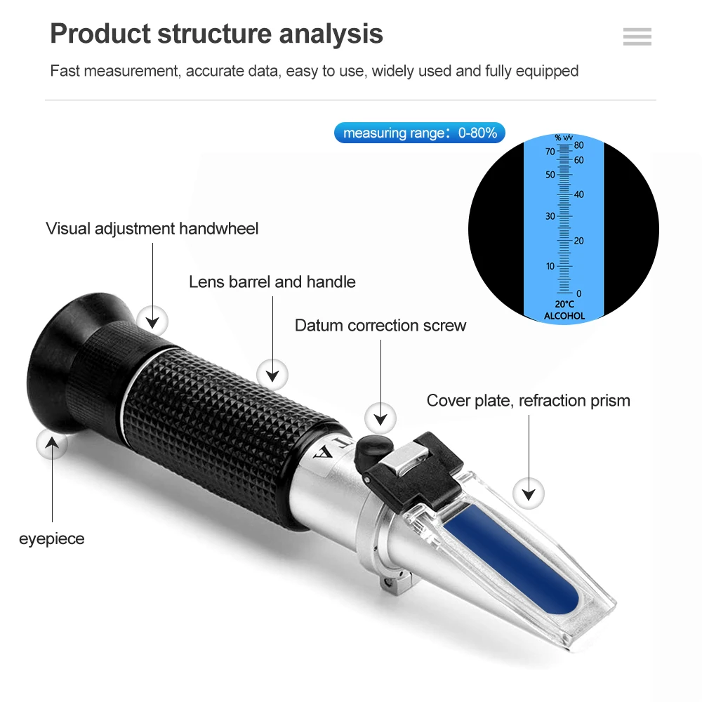 Optics Alcohol Refractometer Automatic Temperature Compensation Alcohol  Meter 0~80% v/v Spirit Alcohol Content Measurement Tool Tester for Alcohol