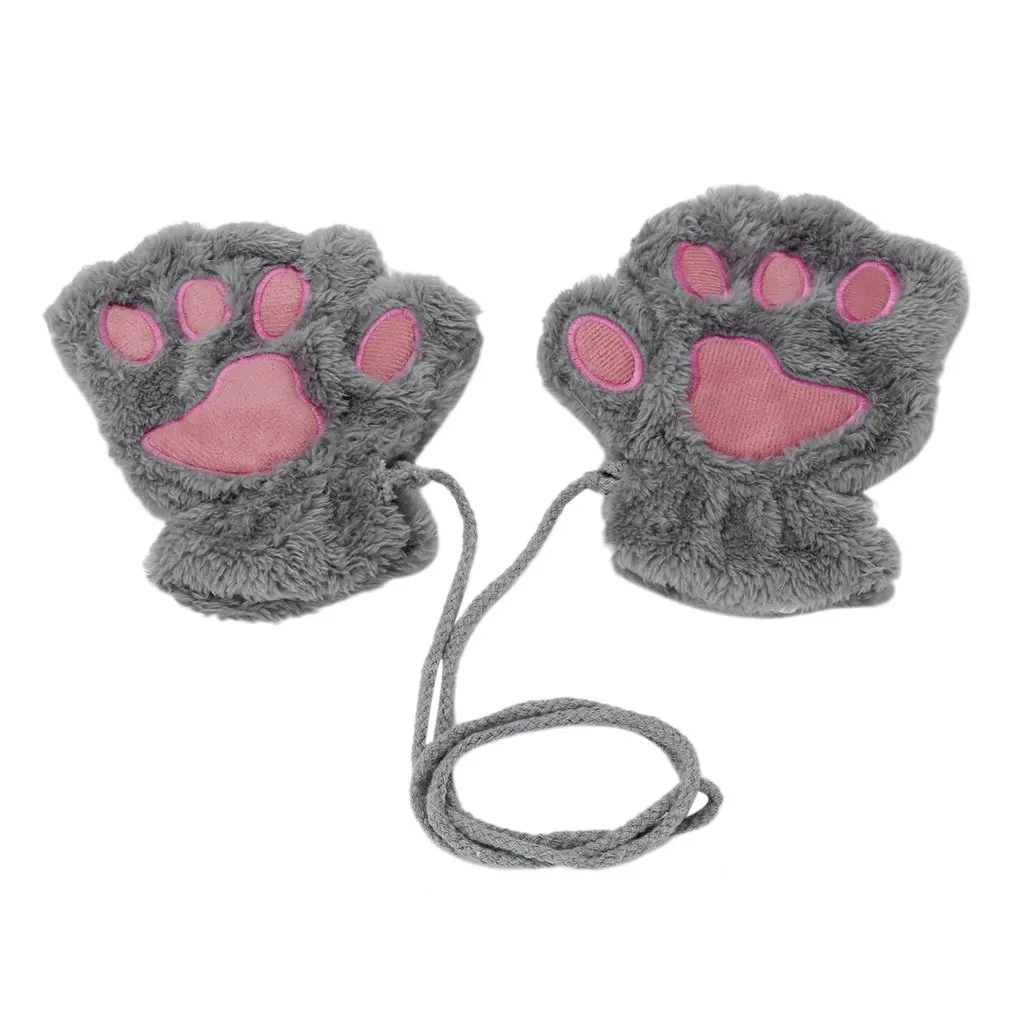 Women Cute Cat Claw Paw Plush Mittens Winter Warm Fingerless Thick