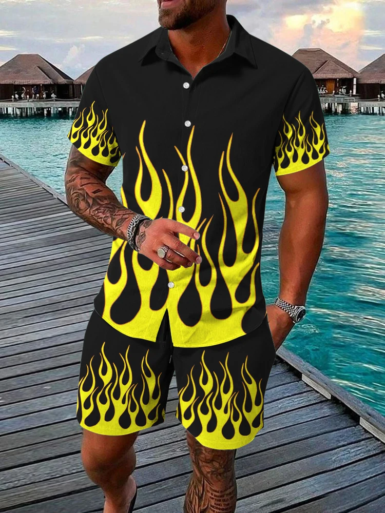 Men's Hawaiian Short Sleeve Shirt And Beach Shorts Set 3D Flame Print Beach Vacation Men Casual Shirt Summer Daily Sports Shorts 6