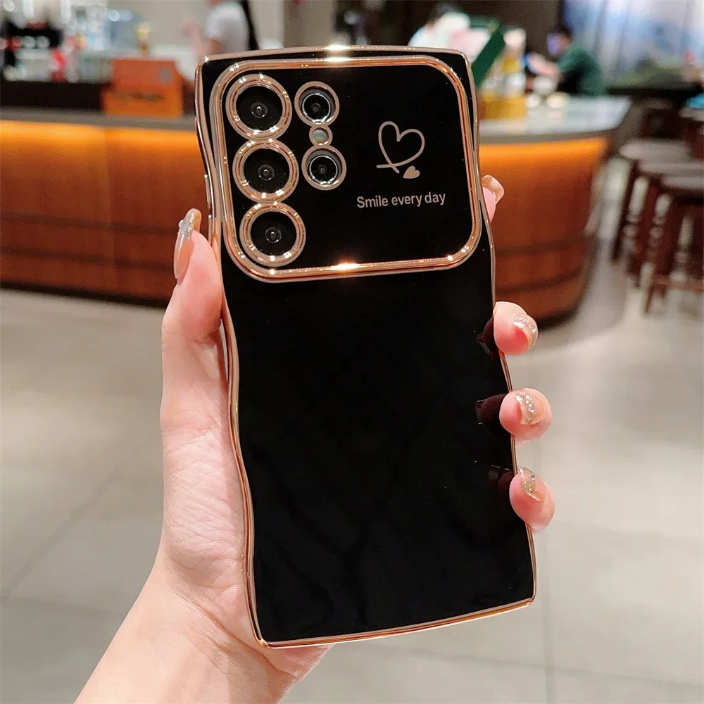 Luxury Plating Love Heart Wave Edge Big Window Phone Case Cover