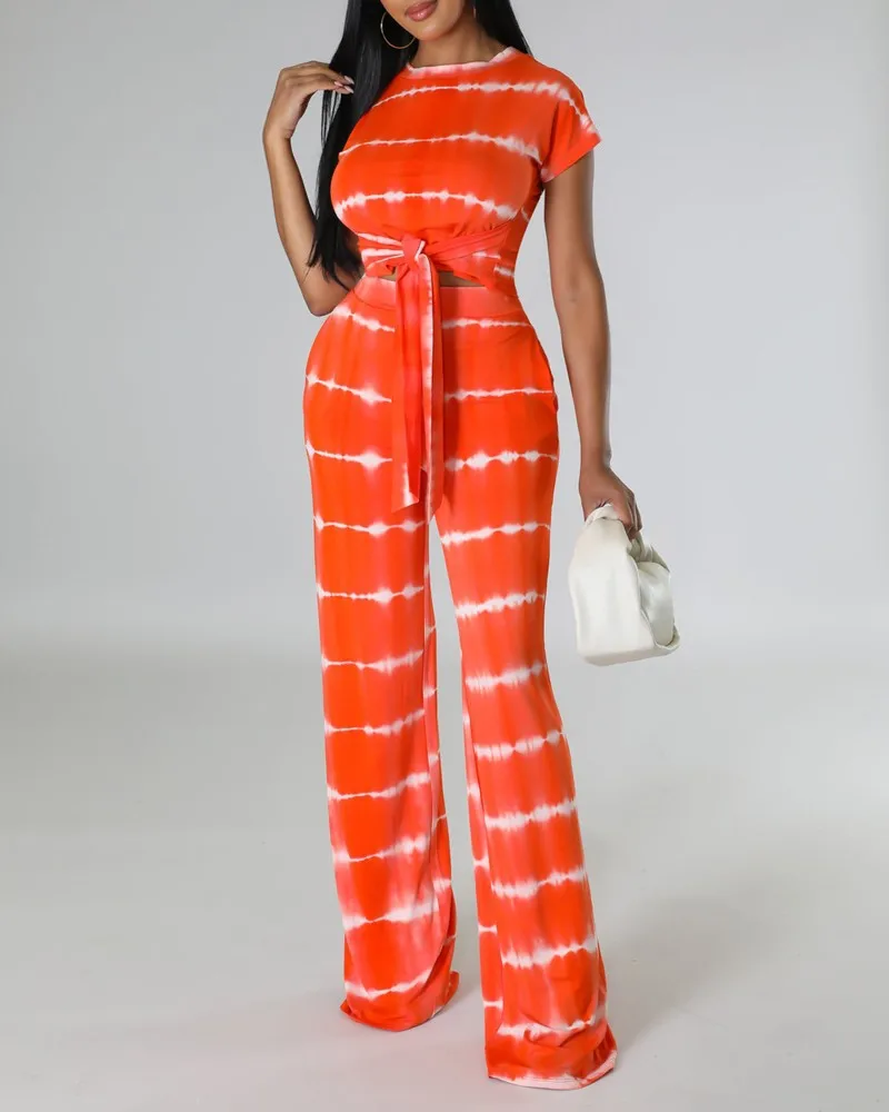 2023 Elegant Office Two Piece Set Women Fashion Casual Stripe Print O Neck Short Sleeve Bandage Tshirt Wide Leg Pants Tracksuit