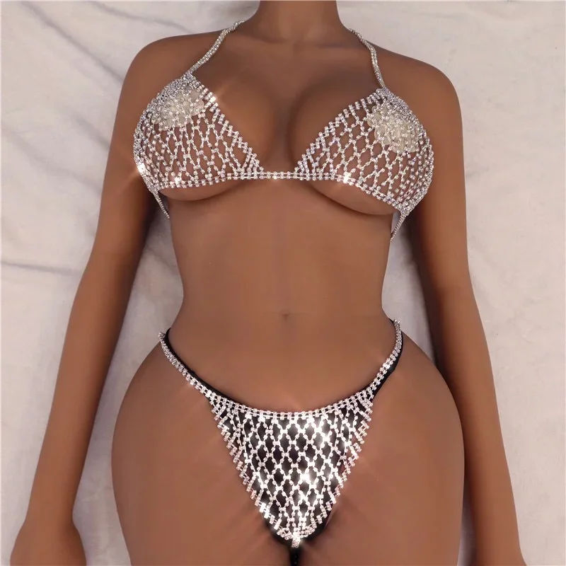 

Sexy Lingerie Set Rhinestones Fishnet Bikini Women Halter Bra+thong Erotic Hollow Underwear Sexy Nightclub Style 2 Piece Outfits